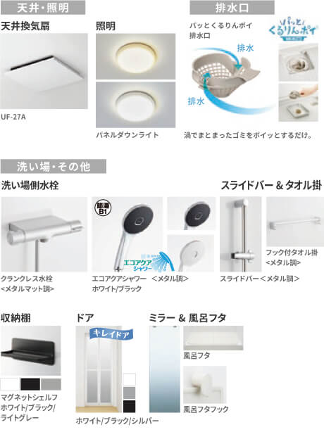 天井換気扇、パッとくるりんポイ排水口、シャワー、スライドバー＆タオル掛、水栓、照明、ドア、収納棚、ミラー＆風呂フタ
