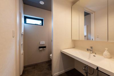 ラバトリー・洗面所：2階の主洗面スペース。ボウルとカウンターのみの洗練されたデザイン