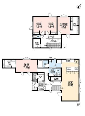 間取図：1階両親の部屋の上部は下屋にした二世帯プラン