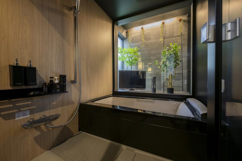 TVや観葉植物のあるスペースにガラスで面したリゾートライクなバスルーム